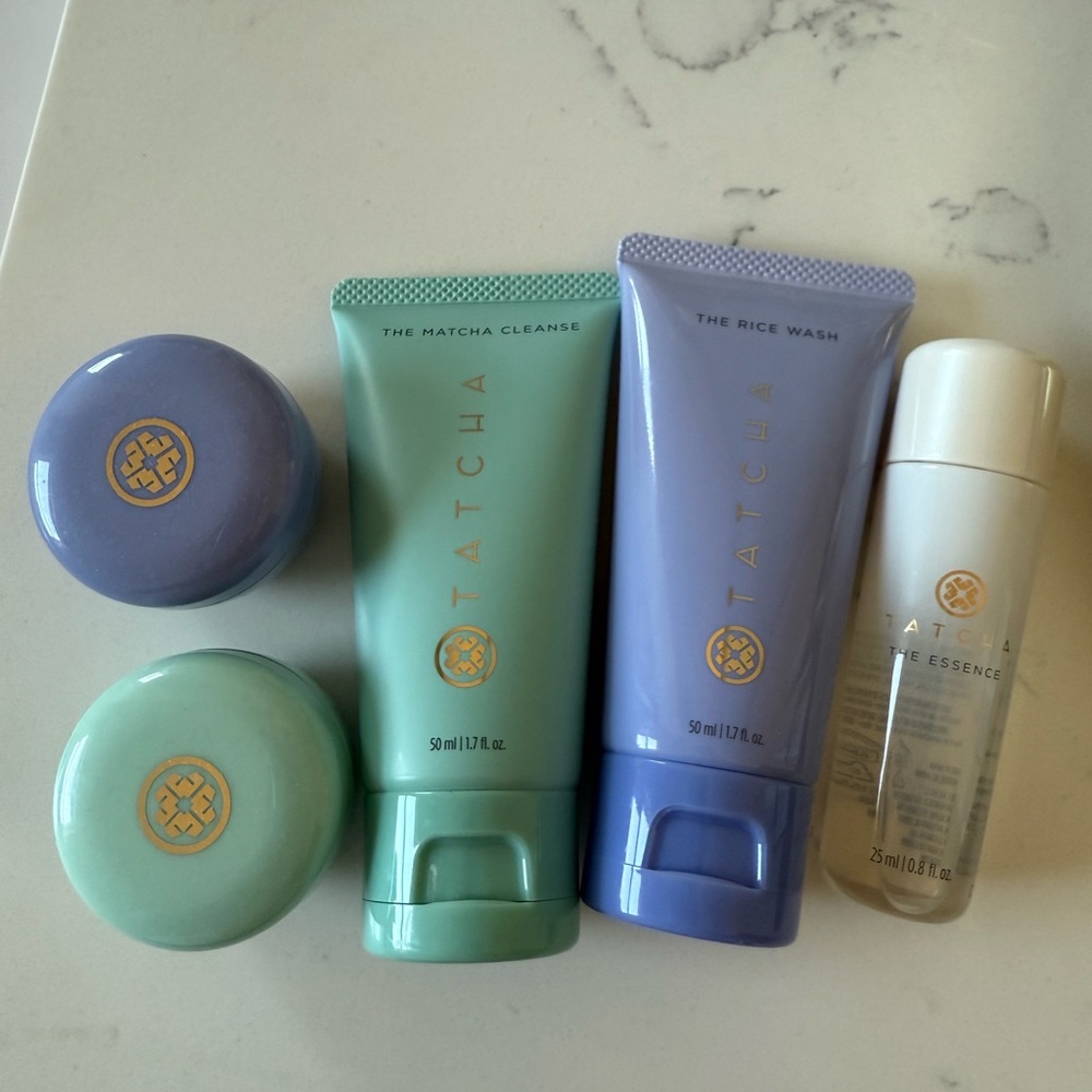 Tatcha Skincare Collection with Green and Purple Packaging